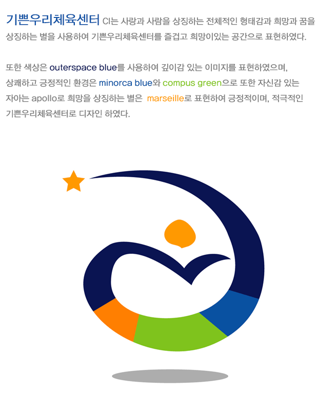 기쁜우리체육센터 CI는 사랑과 사람을 상징하는 전체적인 형태감과 희망과 꿈을 
상징하는 별을 사용하여 기쁜우리체육센터를 즐겁고 희망이있는 공간으로 표현하였다. 

또한 색상은 outerspace blue를 사용하여 깊이감 있는 이미지를 표현하였으며, 
상쾌하고 긍정적인 환경은 minorca blue와 compus green으로 또한 자신감 있는 
자아는 apollo로 희망을 상징하는 별은  marseille로 표현하여 긍정적이며, 적극적인 
기쁜우리체육센터로 디자인 하였다.